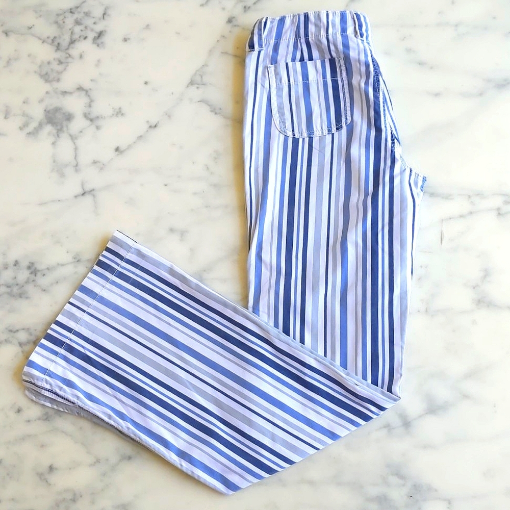 Vintage Express 100% Cotton Multi Color Stripe Flare Jean with leg side opening.